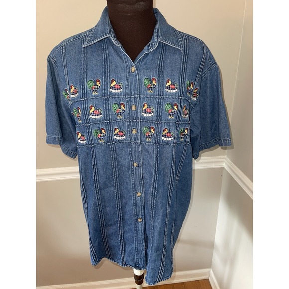 Vintage Mandal Bay‎ Denim Rooster Jean Shirt Pleated Womens Sz S/M Embroidered - Picture 1 of 5